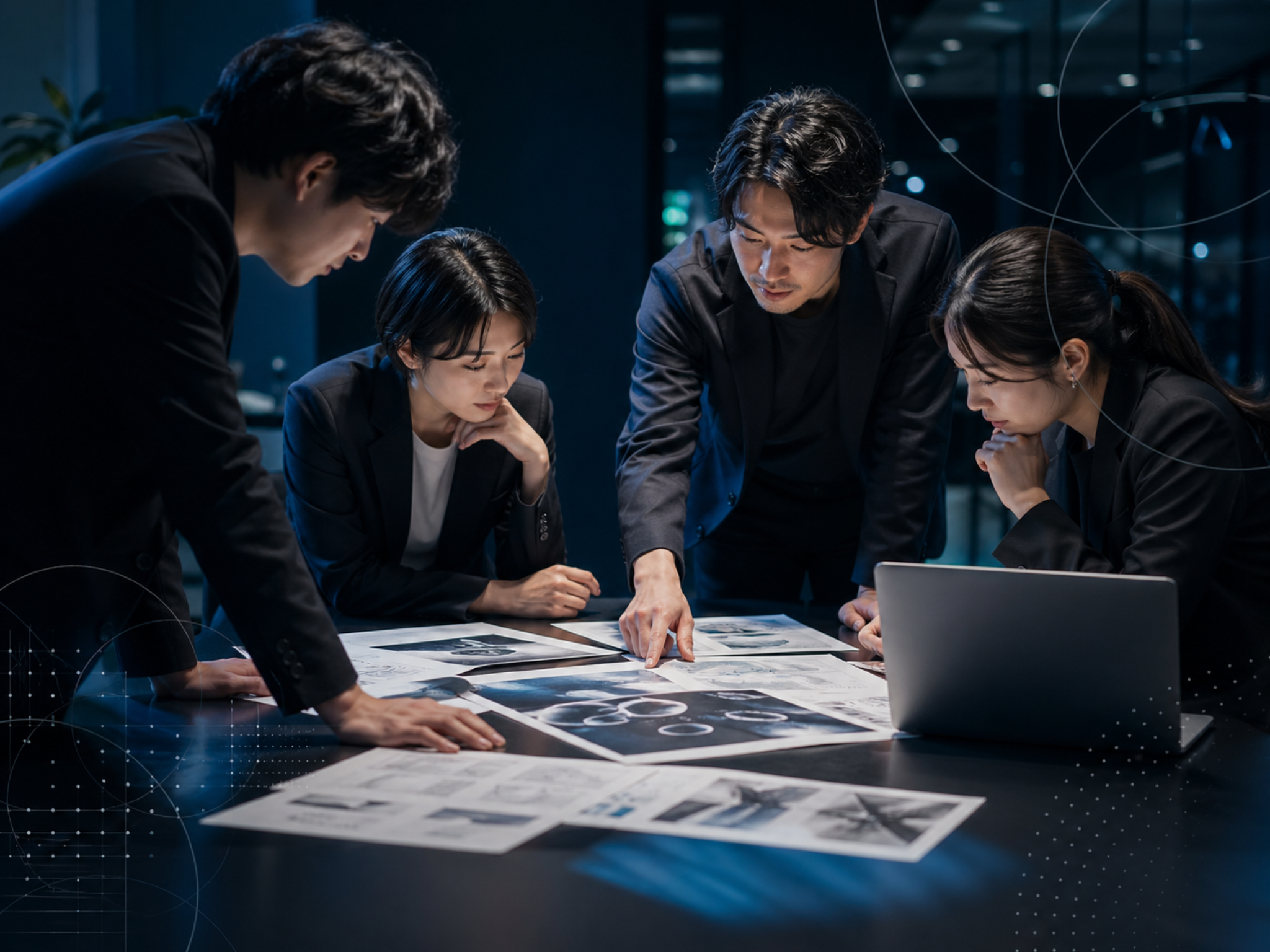 資料を囲みながら業務設計を進めるチーム